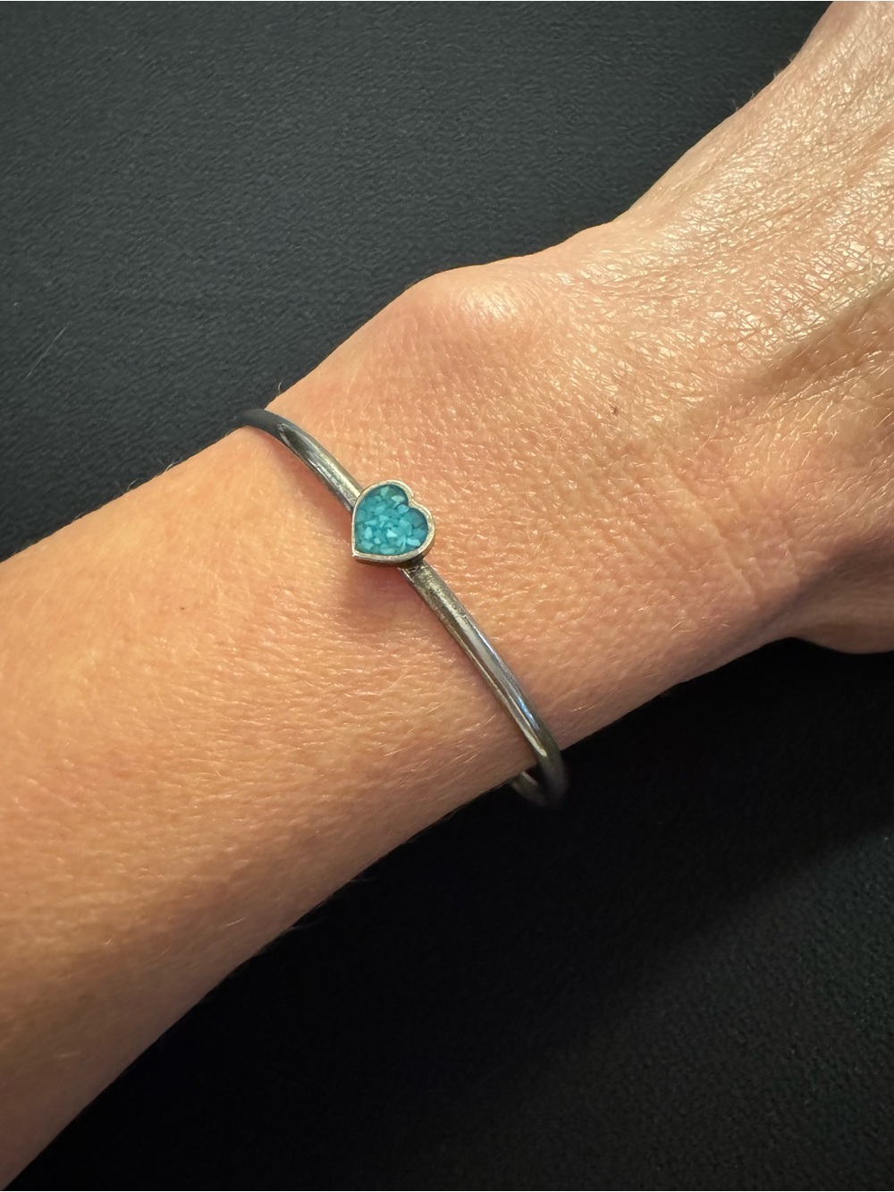 Sterling Silver Turquoise Inlay Heart Petite Cuff Bracelet - 4.54g